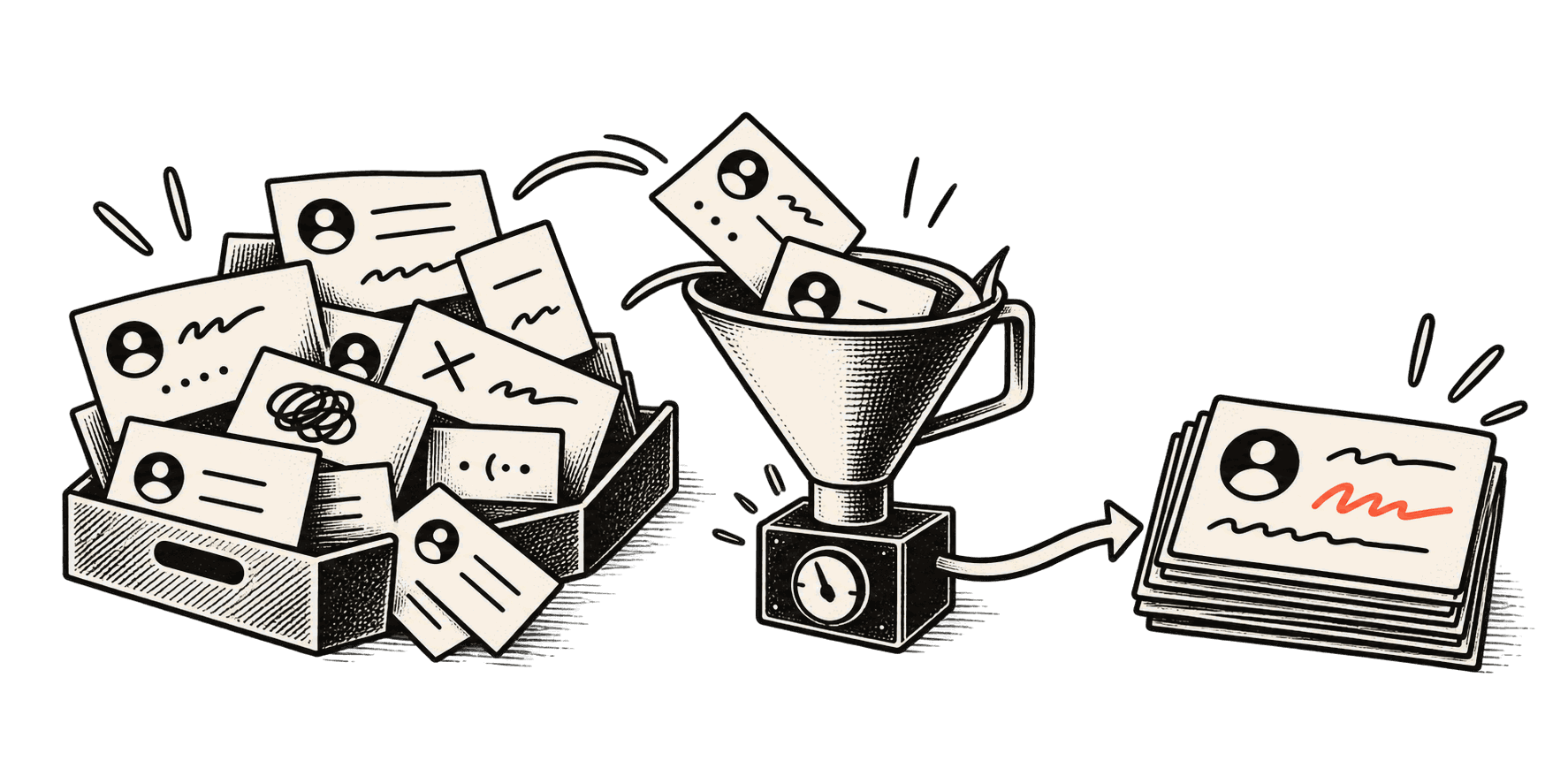 A bin of contact cards with scribbled, crossed-out and tangled fields is poured through a funnel with a gauge; a neat stack of cards comes out, with one field on the top card written in coral.