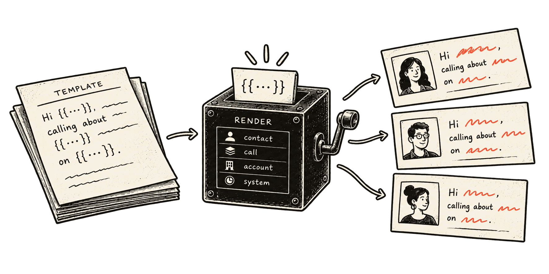 A stack of template pages feeds a hand-cranked box labelled RENDER with four inputs — contact, call, account, system — and out come three cards, one per person, with the blanks filled in coral.